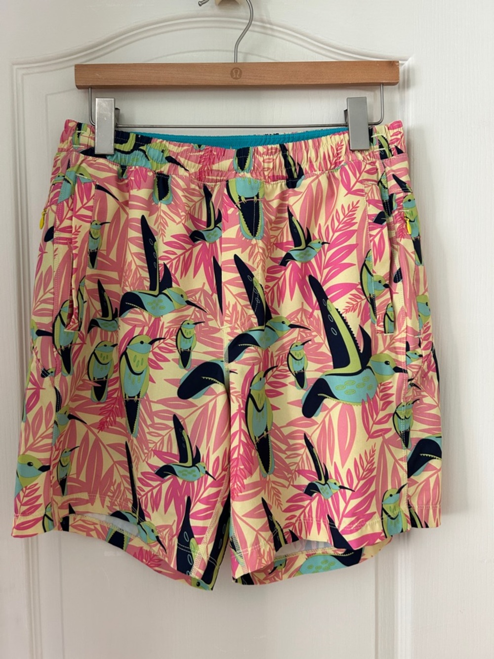 Birddogs Yellow, Aqua, and Pink Bird Patterned Athletic Shorts